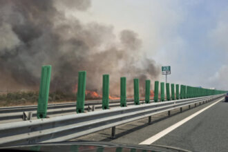 video incendiu de vegetatie langa autostrada soarelui pompierii intervin cu mai multe autospeciale traficul rutier oprit 688cb410db4d9