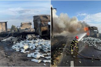 trafic blocat pe dn56 a in judetul mehedinti doua camioane si un autoturism au luat foc dupa ce s au ciocnit violent 68dbfcaca9ba9