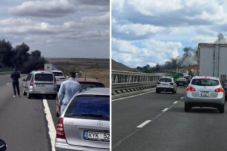 trafic paralizat pe a2 dupa ce un tir incarcat cu granule de plastic a fost cuprins de flacari 68d6b88ee51c3